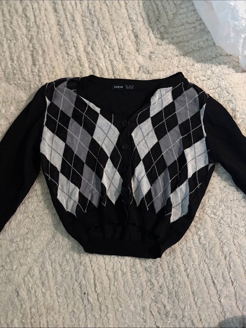 SHEIN Black and Gray Argyle Cropped Cardigan